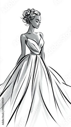 Stylish monochrome fashion sketch of a poised woman striding in a long dress, capturing movement and confidence, ideal for editorials, branding, and design layouts.