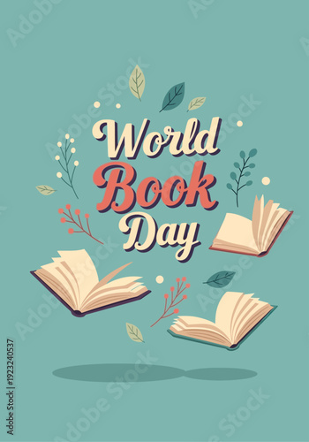 World Book Day Illustration with Open Books and Floral Decorative Background