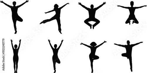WebJumping people silhouettes in energetic poses isolated on white background, dynamic men and women celebrating freedom, fitness and active lifestyle concept