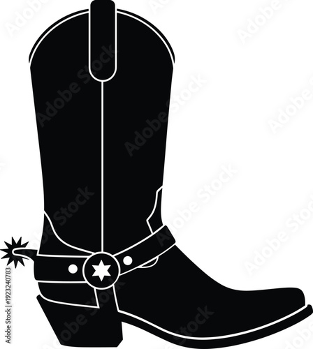 Stylized cowboy boot silhouette with spur, bold black graphic artwork, Western theme, traditional footwear design, frontier culture illustration vector
