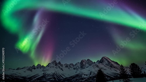 Majestic Aurora Borealis Illuminating Snowy Mountain Landscape at Night with Starry Sky
