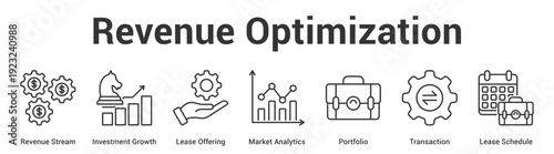 Revenue Optimization web banner icon set vector illustration concept for business with icon of Revenue Stream, Investment Growth, Lease Offering, Market Analytics, Portfolio, Transacti.