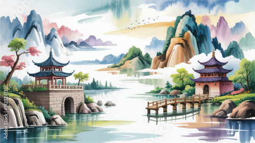 Enchanting East Asian Watercolor Panorama Traditional Pagodas, Misty Mountains, and Serene Lake Reflections