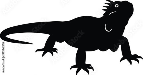 Iguana silhouette, black vector illustration of reptile with spiky crest, long tail, clawed feet, stylized wildlife design for artwork