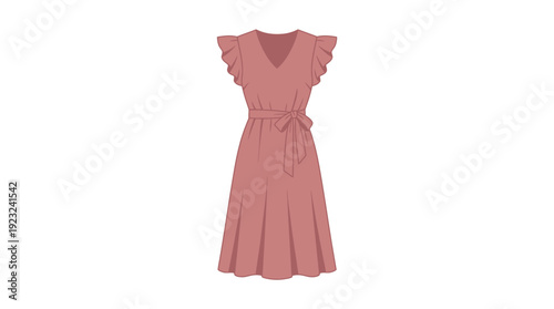 Elegant Midi Dress Ruffle Sleeve V Neckline Waist Belt d flat vector isolated white background