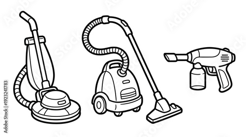 Three Black Outline Cartoon Vacuum Cleaners d flat vector isolated white background