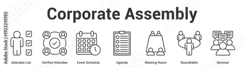 Corporate Assembly web banner icon set vector illustration concept for business with icon of Attendee List, Verified Attendee, Event Schedule, Agenda, Meeting Ro.