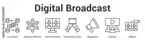 Digital Broadcast web banner icon set vector illustration concept for business with icon of Live Stream, Broadcast Network, Video Conference, Presentation Screen, Megapho.