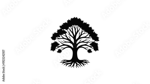 Stylized Black Silhouette of a Majestic Oak Tree with Intricate Roots.