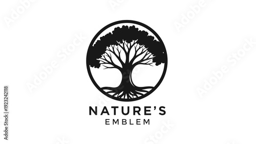 Stylized Black Silhouette of a Majestic Tree with Intricate Roots and Lush Canopy Inside a Circle.