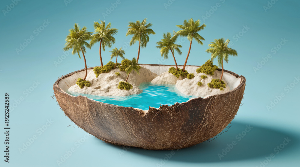 Obraz premium A coconut shell with a tiny island inside, created AI