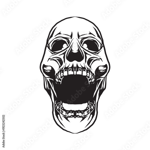 Black and white human skull front view illustration in bold line art style. Detailed anatomy drawing isolated on light background, perfect for tattoo design, t-shirt print, poster, and gothic artwork.