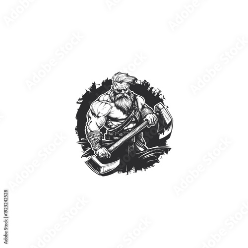 Vintage engraved illustration of a muscular bearded warrior or lumberjack holding a heavy axe, isolated on white background.