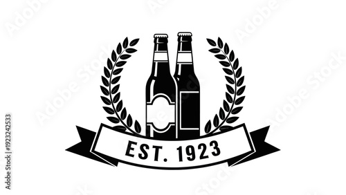 Vintage Beer Bottles Emblem with Laurel Wreath and Banner.