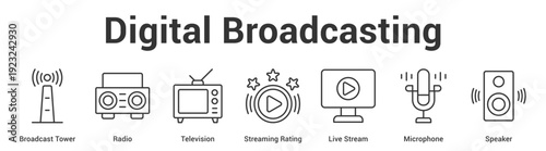Digital Broadcasting web banner icon set vector illustration concept for business with icon of Broadcast Tower, Radio, Television, Streaming Rating, Live Stre.