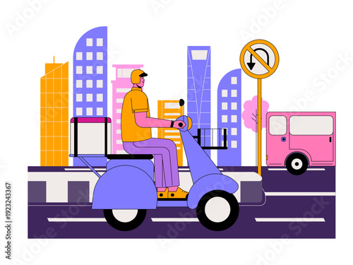 A courier on a scooter delivering food or goods within a busy city landscape. Traffic illustration. Flat vector illustration.