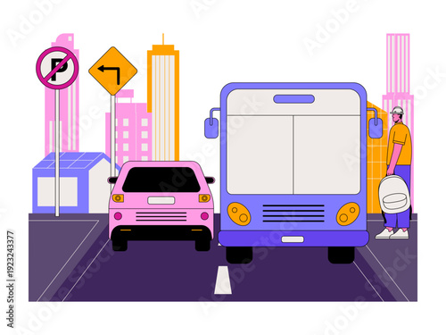An urban city scene with road traffic and infrastructure. Traffic illustration. Flat vector illustration.