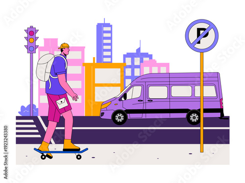 Young man skateboarding on a city street next to a parked van. Traffic illustration. Flat vector illustration.