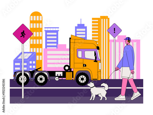 A person walking their dog on a city sidewalk alongside a truck. Traffic illustration. Flat vector illustration.