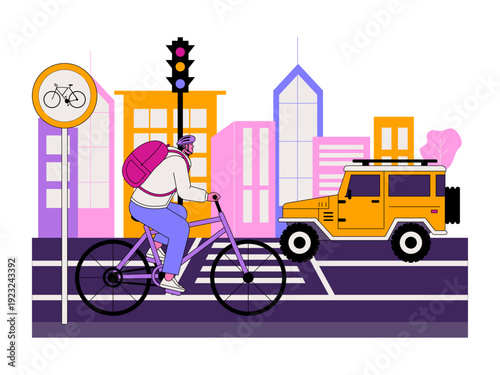 An urban scene featuring a person cycling through city traffic. Traffic illustration. Flat vector illustration.