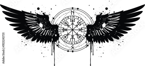 Symmetrical black wings with Norse Vegvisir compass symbol and runes, vector illustration for mythology, spirituality, protection, design themes