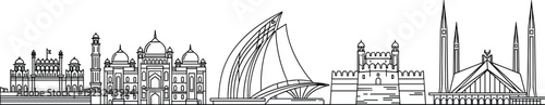 Minimalist line art illustration of Pakistan famous landmarks skyline including Faisal Mosque and Mazar-e-Quaid on white background vector