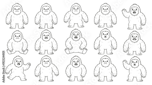 Cute sasquatch character outline mascot vector set. Cartoon yeti bigfoot monkey ape posing sitting waving walking. Coloring page book character design illustration collection.