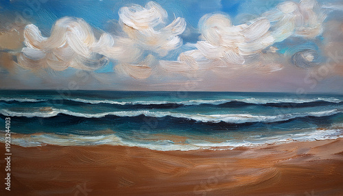 Impressionism Oil Painting With Thick Impasto Brush Strokes Of Waves On A Sandy Beautiful Beach With Puffy Clouds Using Muted Browns Blues And White
