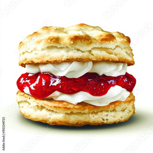 Golden Brown Biscuit with Whipped Cream and Strawberry Jam