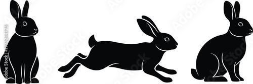 Rabbit silhouettes collection, sitting leaping upright poses, black vector illustration, wildlife animal posture design, minimal background art