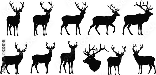 Eleven deer silhouettes with varied antler shapes and postures arranged in rows, minimalist vector illustration for wildlife design, animal icon, nature art