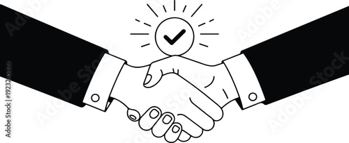 A minimalist line art illustration of two hands shaking in the center of the image.