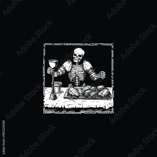 Detailed vintage-style engraving illustration of a skeleton in armor enjoying a feast with a glass of wine, isolated on a white background, perfect for apparel design, dark art concepts, and creative 