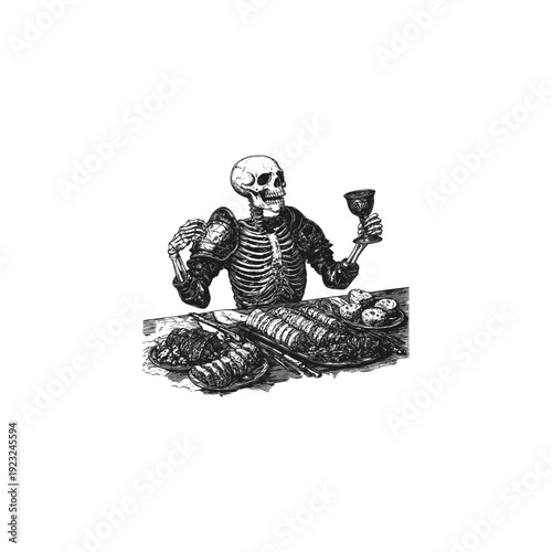 Detailed vintage-style engraving illustration of a skeleton in armor enjoying a feast with a glass of wine, isolated on a white background, perfect for apparel design, dark art concepts, and creative 