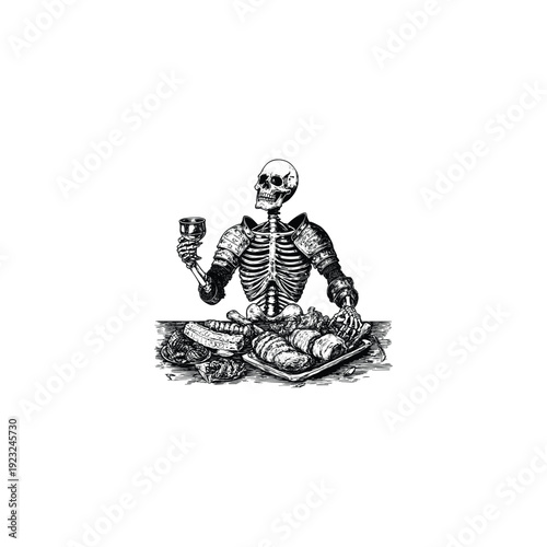 Detailed vintage-style engraving illustration of a skeleton in armor enjoying a feast with a glass of wine, isolated on a white background, perfect for apparel design, dark art concepts, and creative 