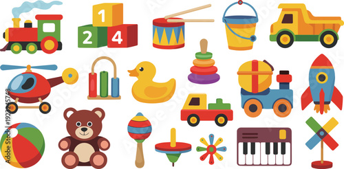 A collection of colorful children's toys arranged on a white background.