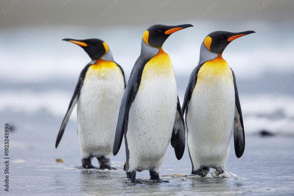 Fototapeta premium A trio of striking flightless birds, adorned with elegant black, white, and vibrant golden-orange markings, stands with quiet dignity at the water's edge. Gentle ripples reflect the muted light as the