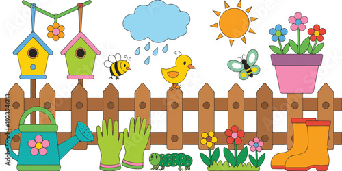 A colorful cartoon illustration of a garden scene with a wooden brown picket fence in the center.