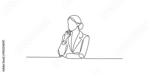 Continuous line drawing of a professional businesswoman in a suit thinking deeply.