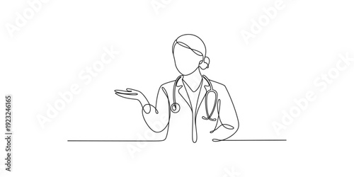 Continuous line drawing of a professional female doctor gesturing while wearing a stethoscope