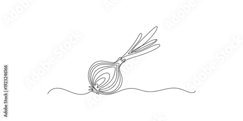 Minimalist single line art illustration of a fresh onion bulb with green shoots.