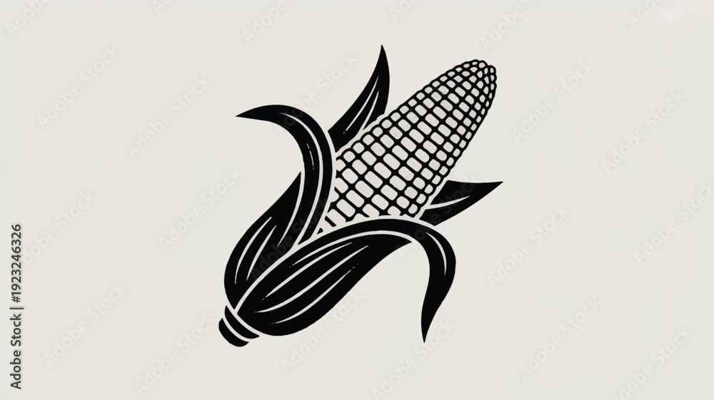 Fototapeta premium Stylized black corn cob with leaves on a light background