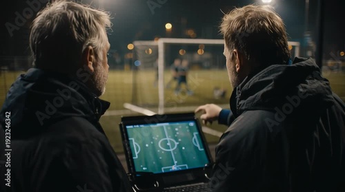 Two male soccer coaches analyzing game strategy on a laptop at night