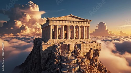 Majestic ancient Greek temple structure resting impossibly high atop a rugged mountain peak surrounded by dramatic golden hour clouds and soft atmospheric light.