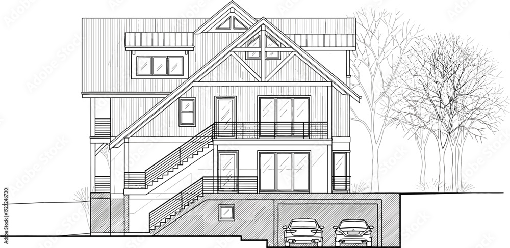 Fototapeta premium Modern three story suburban house architectural elevation sketch with underground garage cars trees and detailed line art vector illustration