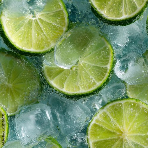 Seamless pattern of sliced lime in water with ice cubes representing a cool refreshing drink for infinite repeating backgrounds or textures