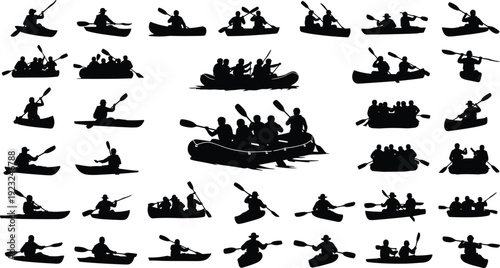 Kayak canoe raft silhouettes illustration, paddling activities vector artwork, creative water sports design, abstract people representation