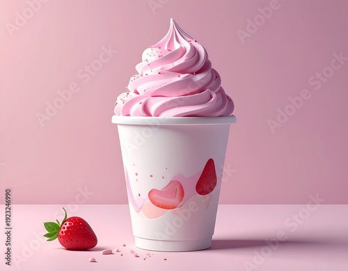 Delicious Strawberry Soft Serve Ice Cream in a Cup with Fresh Strawberry.