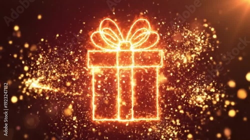 Glowing fiery outline of a holiday present explodes with brilliant golden particle effects creating a magical and energetic celebration concept