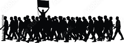 Black silhouette of a large crowd of people marching in a protest or parade with a man holding a flag, representing social movement, revolution, and unity on a white background